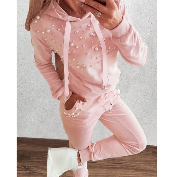 Cozy Fleece Lined Faux Pearl Hoodie Jogger Pants Set - Picture 2 of 12